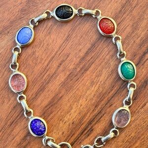 Multicolor Scarab Bracelet Silver Tone 7”